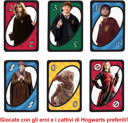 Mattel Games - UNO Harry Potter, l'iconico gioco di carte per tutta la famiglia con i personaggi del mondo di Harry Potter, da 2 a 10 giocatori, giocattolo per bambini, 7+ anni