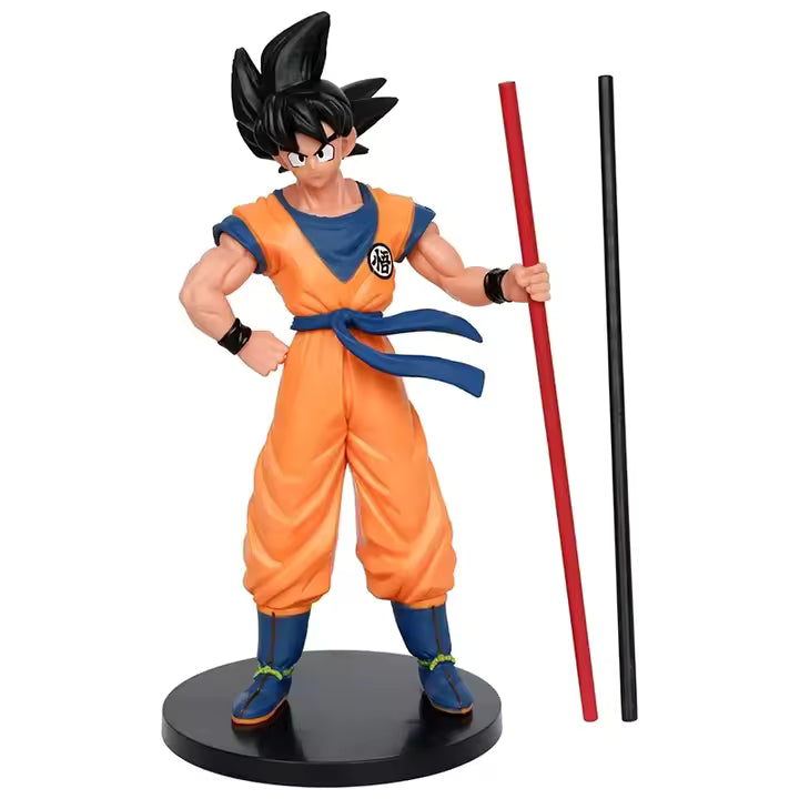 Action figure Dragon Ball di Goku alta 22 cm con articolazioni multiple e bastone Nyoi intercambiabile, dettagli accurati su viso e abbigliamento fedeli all'anime