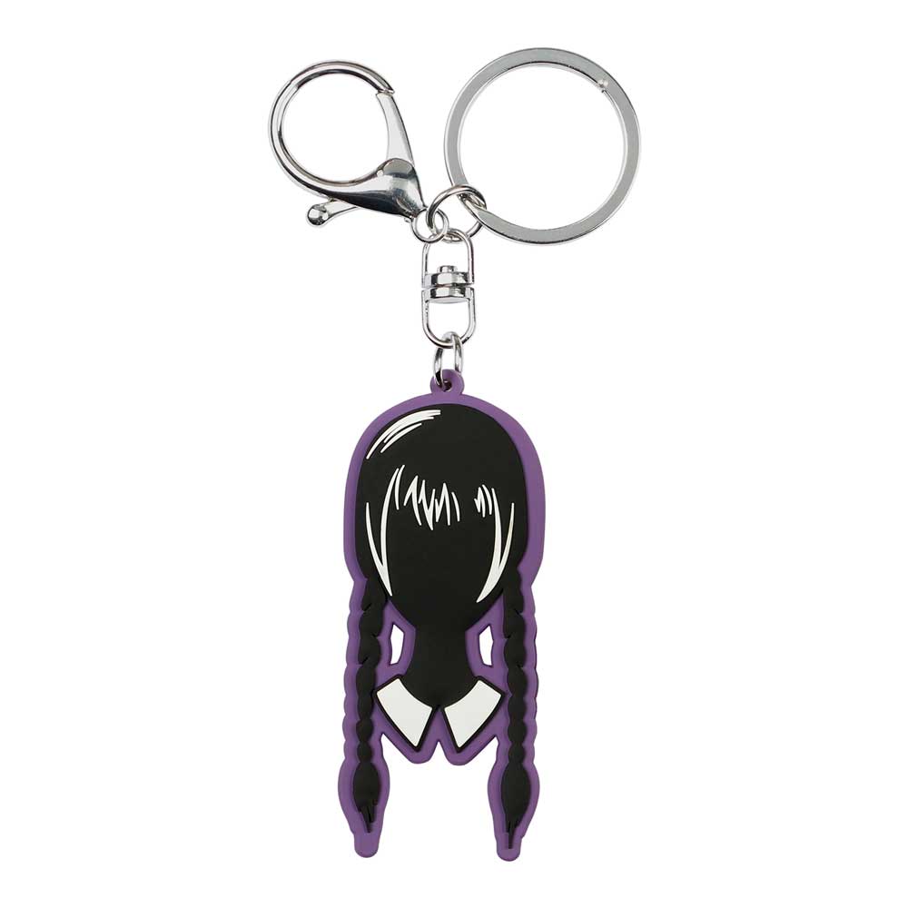 Portachiavi Wednesday Addams in PVC nero con design fronte-retro, anello in metallo, dimensioni 7,5 cm