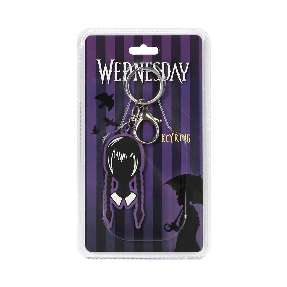 Portachiavi Wednesday Addams in PVC nero con design fronte-retro, anello in metallo, dimensioni 7,5 cm
