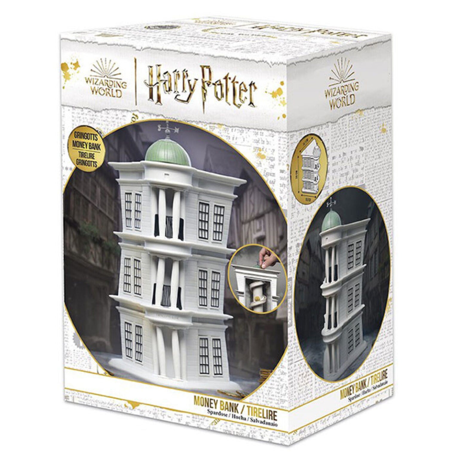 Salvadanaio Harry Potter Gringotts Bank con effetto vortice magico, le monete girano fino alle gallerie sotterranee della banca dei maghi
